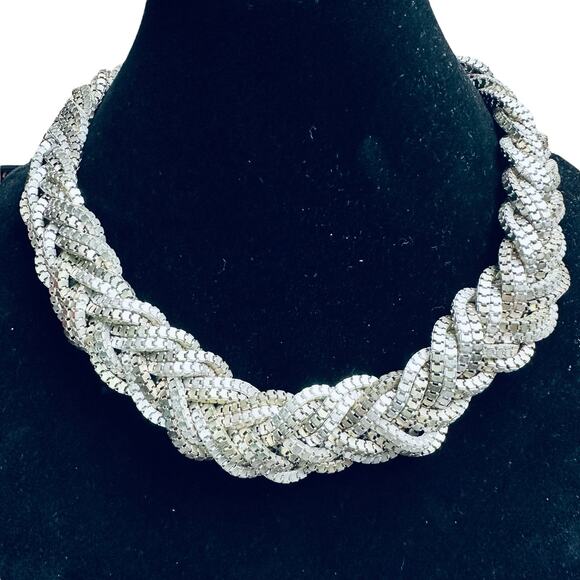 Bold Silver Tone Braided Box Chain Necklace - 18 Inches with Adjustable Fit - Picture 1 of 4